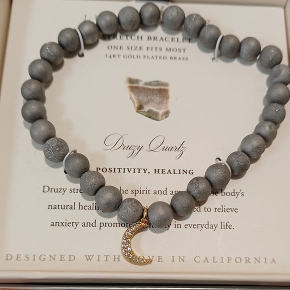 LUNA NORTE 14K GOLD PLATED MOON CRYSTAL CHARM W/ DRUSY QUARTZ STRETCH BRACELET - Picture 7 of 9